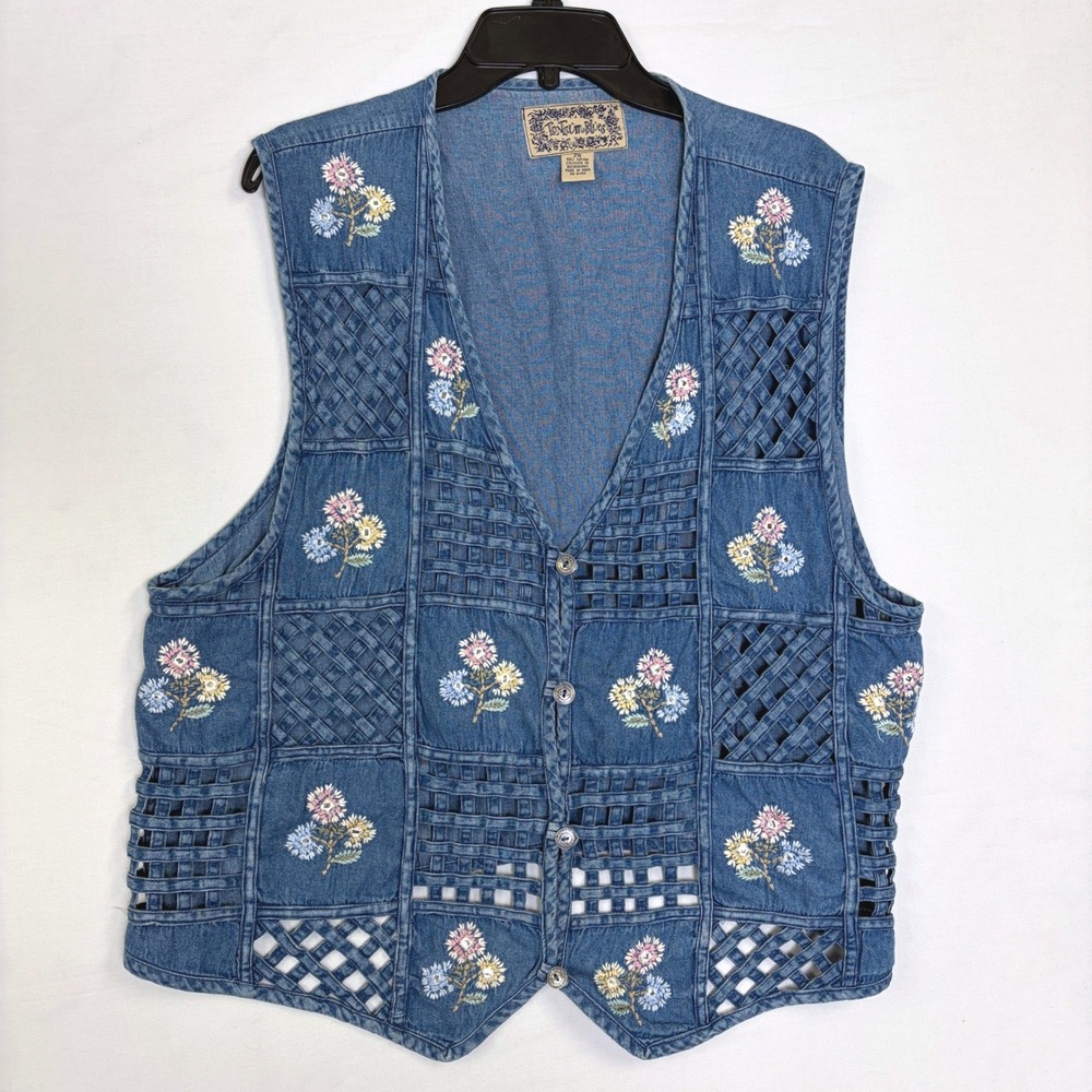 Tantrum Blues Vintage Denim Vest Floral Embroidered Lattice 2X Cottagecore